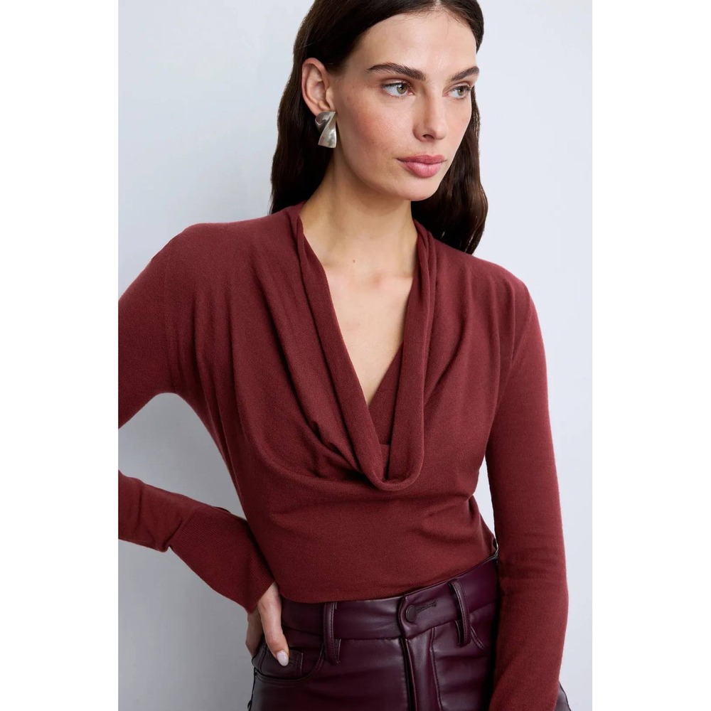 Simkhai Burgundy Draped Cowl Neck Long Sleeve Knit Top XS Wine Ribbed Hem